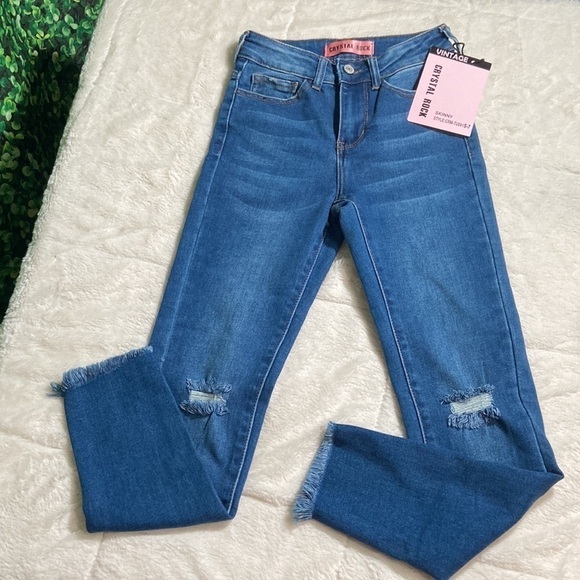 NEW Crystal Rock size 0 distressed jeans vintage push up skinny hi rise frayed - Picture 1 of 11